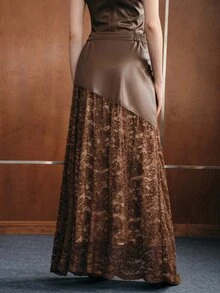 Anewsta Women's Elegant Autumn/Winter Brown Lace Patchwork Long Skirt, Versatile For Daily Wear - Brown - View 7