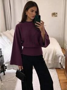 Aloruh Women's Autumn/Winter Purple Loose Top & Tight Waist Sweater - Purple - View 8