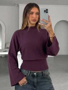 Aloruh Women's Autumn/Winter Purple Loose Top & Tight Waist Sweater - Purple - View 2