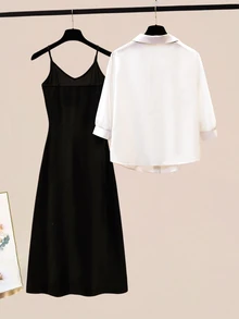 GlowEve Women's Casual Commuter Solid Color Shirt & Slip Dress 2 Pieces Set - Black and White - View 2