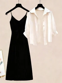 GlowEve Women's Casual Commuter Solid Color Shirt & Slip Dress 2 Pieces Set - Black and White - View 6