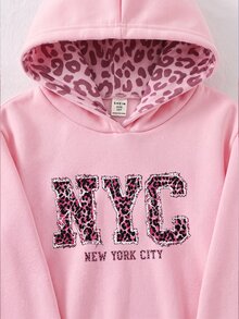 SHEIN (青少年女孩)休閒街頭風抓絨豹紋帽子，適合學校日常穿搭衛衣 - 粉色 - 查看 7
