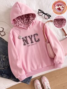 SHEIN (青少年女孩)休閒街頭風抓絨豹紋帽子，適合學校日常穿搭衛衣 - 粉色 - 查看 3
