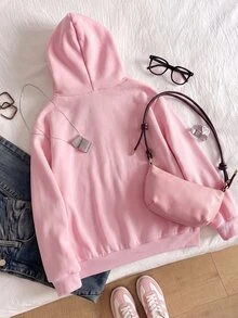 SHEIN (青少年女孩)休閒街頭風抓絨豹紋帽子，適合學校日常穿搭衛衣 - 粉色 - 查看 2