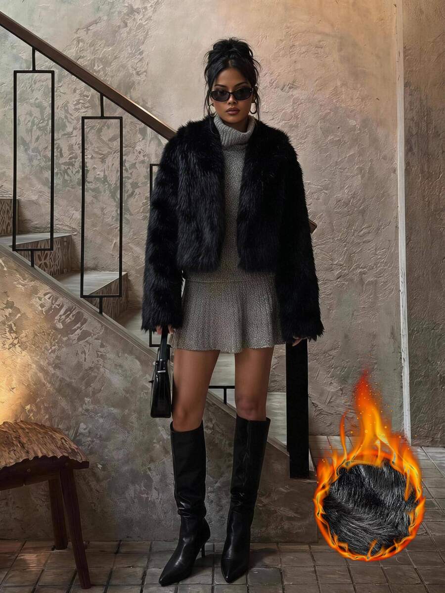 SHEIN PETITE Women's Solid Color Fashion Versatile Winter Faux Fur Jacket - Black - View 1