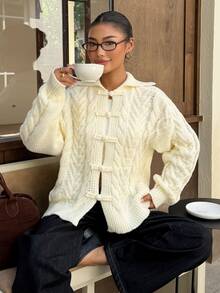 Muchica Women's Autumn New Apricot Cable Knit Frog Button Design Loose Cardigan - Apricot - View 3