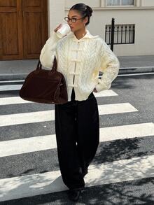 Muchica Women's Autumn New Apricot Cable Knit Frog Button Design Loose Cardigan - Apricot - View 5