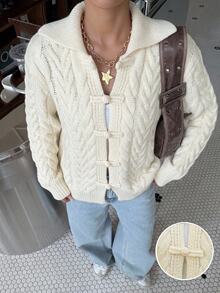 Muchica Women's Autumn New Apricot Cable Knit Frog Button Design Loose Cardigan - Apricot - View 1