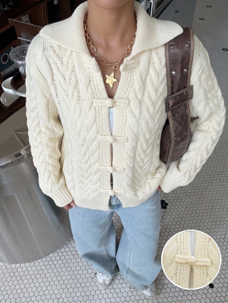 Muchica Women's Autumn New Apricot Cable Knit Frog Button Design Loose Cardigan - Apricot - View 1