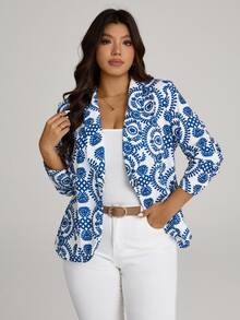 Comfylo Plus Size Blue And White Printed Cuff Ruched Blazer Fall Clothes For Women Fall Outfits Women - Blue and White - View 6