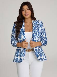 Comfylo Plus Size Blue And White Printed Cuff Ruched Blazer Fall Clothes For Women Fall Outfits Women - Blue and White - View 7