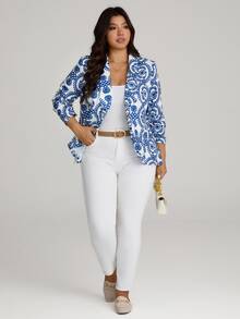Comfylo Plus Size Blue And White Printed Cuff Ruched Blazer Fall Clothes For Women Fall Outfits Women - Blue and White - View 3