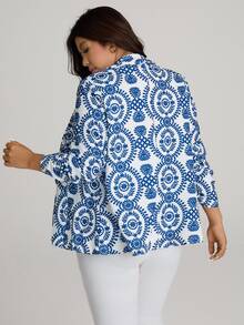 Comfylo Plus Size Blue And White Printed Cuff Ruched Blazer Fall Clothes For Women Fall Outfits Women - Blue and White - View 4