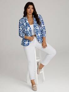 Comfylo Plus Size Blue And White Printed Cuff Ruched Blazer Fall Clothes For Women Fall Outfits Women - Blue and White - View 2