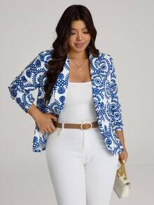 Comfylo Plus Size Blue And White Printed Cuff Ruched Blazer Fall Clothes For Women Fall Outfits Women - Blue and White - View 8