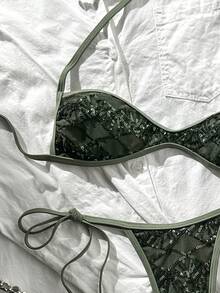 SHEIN Swim Bộ bikini 2 mảnh Swim Vcay cho kỳ nghỉ bãi biển xuân/hè, vải sequin vân nổi, áo bandeau cổ yếm và quần lót thong buộc dây hai bên, gợi cảm - xanh quân đội - Xem 5