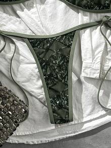 SHEIN Swim Bộ bikini 2 mảnh Swim Vcay cho kỳ nghỉ bãi biển xuân/hè, vải sequin vân nổi, áo bandeau cổ yếm và quần lót thong buộc dây hai bên, gợi cảm - xanh quân đội - Xem 7