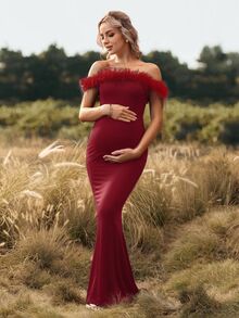 Cheriluna Maternity 孕妇写真礼服/优雅派对礼服/迎婴派对礼服 - 露肩仿羽毛领修身美人鱼长裙 - 酒紅色 - 查看 7