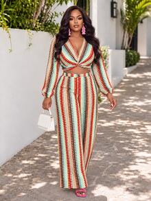 Poshavie Poshavie Plus-Size Women's Everyday Vacation V-Neck Matching Set - Suitable For Summer And Autumn Wear Vacation Party Light Green Boho Bohemian - Brown - View 3