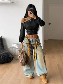 Coolane 女款秋冬性感街頭風 Y2K 時尚龐克哥德復古派對萬聖節黑色露肩金屬孔眼鉚釘衛衣上衣 - 黑色 - 查看 4