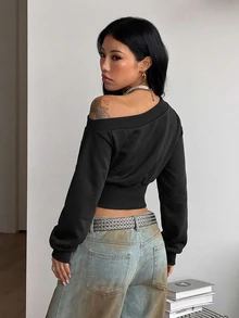 Coolane 女款秋冬性感街頭風 Y2K 時尚龐克哥德復古派對萬聖節黑色露肩金屬孔眼鉚釘衛衣上衣 - 黑色 - 查看 9