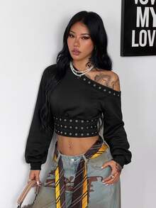 Coolane 女款秋冬性感街頭風 Y2K 時尚龐克哥德復古派對萬聖節黑色露肩金屬孔眼鉚釘衛衣上衣 - 黑色 - 查看 7
