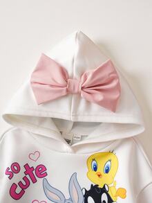 LOONEY TUNES X SHEIN طقم قميص ثقيل هودي كاجوال وبنطلون طويل للرضع بنات 2 قطعة، وردي مع رسومات كرتونية لطائر وكلب - وردي - مشاهدة 3
