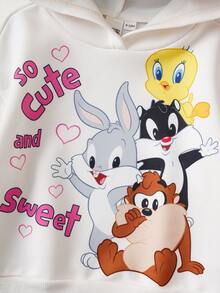 LOONEY TUNES X SHEIN طقم قميص ثقيل هودي كاجوال وبنطلون طويل للرضع بنات 2 قطعة، وردي مع رسومات كرتونية لطائر وكلب - وردي - مشاهدة 4