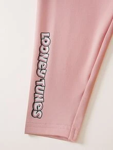LOONEY TUNES X SHEIN طقم قميص ثقيل هودي كاجوال وبنطلون طويل للرضع بنات 2 قطعة، وردي مع رسومات كرتونية لطائر وكلب - وردي - مشاهدة 6