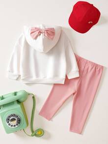 LOONEY TUNES X SHEIN طقم قميص ثقيل هودي كاجوال وبنطلون طويل للرضع بنات 2 قطعة، وردي مع رسومات كرتونية لطائر وكلب - وردي - مشاهدة 2
