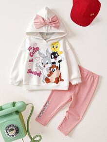 LOONEY TUNES X SHEIN طقم قميص ثقيل هودي كاجوال وبنطلون طويل للرضع بنات 2 قطعة، وردي مع رسومات كرتونية لطائر وكلب - وردي - مشاهدة 1