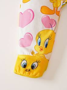 LOONEY TUNES X SHEIN Baby Girl Cartoon & Pink Heart Pattern Cute Jumpsuit Fall Winter - Yellow - View 5