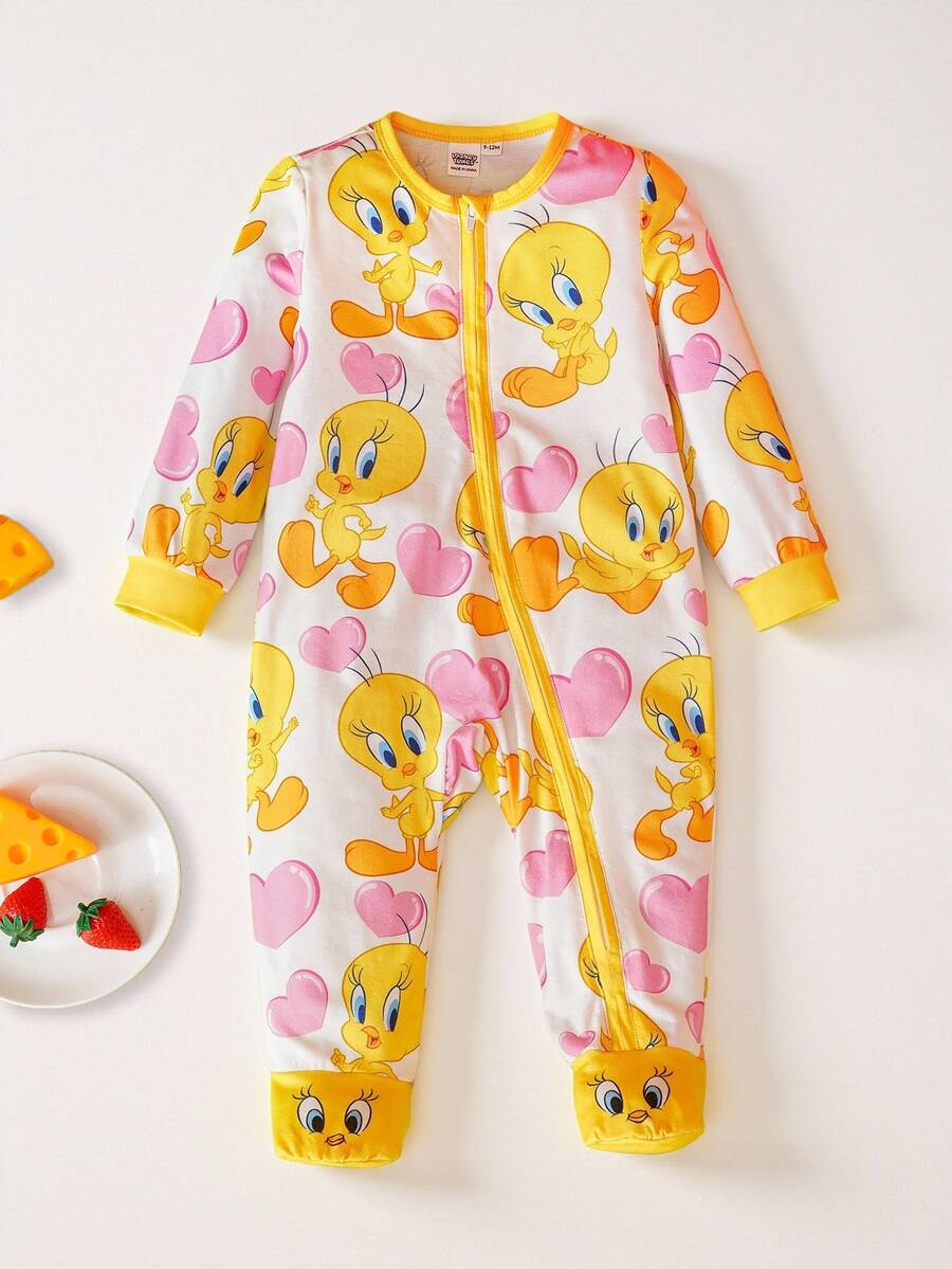LOONEY TUNES X SHEIN Baby Girl Cartoon & Pink Heart Pattern Cute Jumpsuit Fall Winter - Yellow - View 1