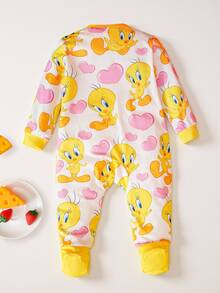 LOONEY TUNES X SHEIN Baby Girl Cartoon & Pink Heart Pattern Cute Jumpsuit Fall Winter - Yellow - View 2