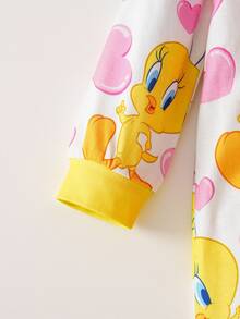 LOONEY TUNES X SHEIN Baby Girl Cartoon & Pink Heart Pattern Cute Jumpsuit Fall Winter - Yellow - View 6