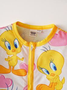 LOONEY TUNES X SHEIN Baby Girl Cartoon & Pink Heart Pattern Cute Jumpsuit Fall Winter - Yellow - View 3
