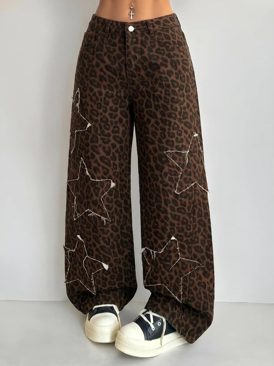 SHEIN ICON 女款豹紋毛邊鈕扣寬鬆牛仔褲 牛仔女郎穿搭 返校季 外出夜生活 棕色斑馬紋街頭風