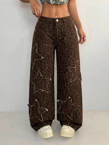 SHEIN ICON 女款豹紋毛邊鈕扣寬鬆牛仔褲 牛仔女郎穿搭 返校季 外出夜生活 棕色斑馬紋街頭風 - 卡其色 - 查看 8