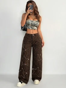 SHEIN ICON 女款豹紋毛邊鈕扣寬鬆牛仔褲 牛仔女郎穿搭 返校季 外出夜生活 棕色斑馬紋街頭風 - 卡其色 - 查看 5
