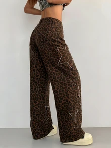 SHEIN ICON 女款豹紋毛邊鈕扣寬鬆牛仔褲 牛仔女郎穿搭 返校季 外出夜生活 棕色斑馬紋街頭風 - 卡其色 - 查看 4