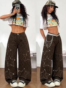 SHEIN ICON 女款豹紋毛邊鈕扣寬鬆牛仔褲 牛仔女郎穿搭 返校季 外出夜生活 棕色斑馬紋街頭風 - 卡其色 - 查看 3