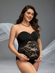 Cheriluna Maternity 夏季孕婦蕾絲拼接無肩帶拍攝連體褲，性感 - 黑色 - 查看 6