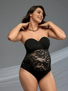Cheriluna Maternity 夏季孕婦蕾絲拼接無肩帶拍攝連體褲，性感 - 黑色 - 查看 5