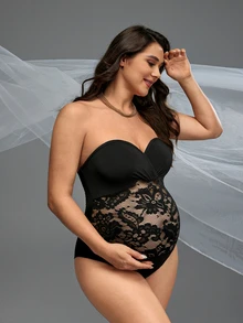 Cheriluna Maternity 夏季孕婦蕾絲拼接無肩帶拍攝連體褲，性感 - 黑色 - 查看 2