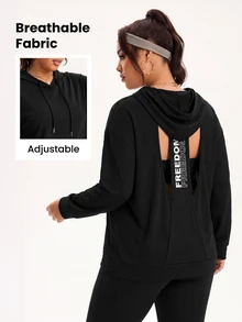 Easithlete Plus Size Women's Back Letter Print Cutout Long Sleeve Hooded Sweatshirt - Black - View 1