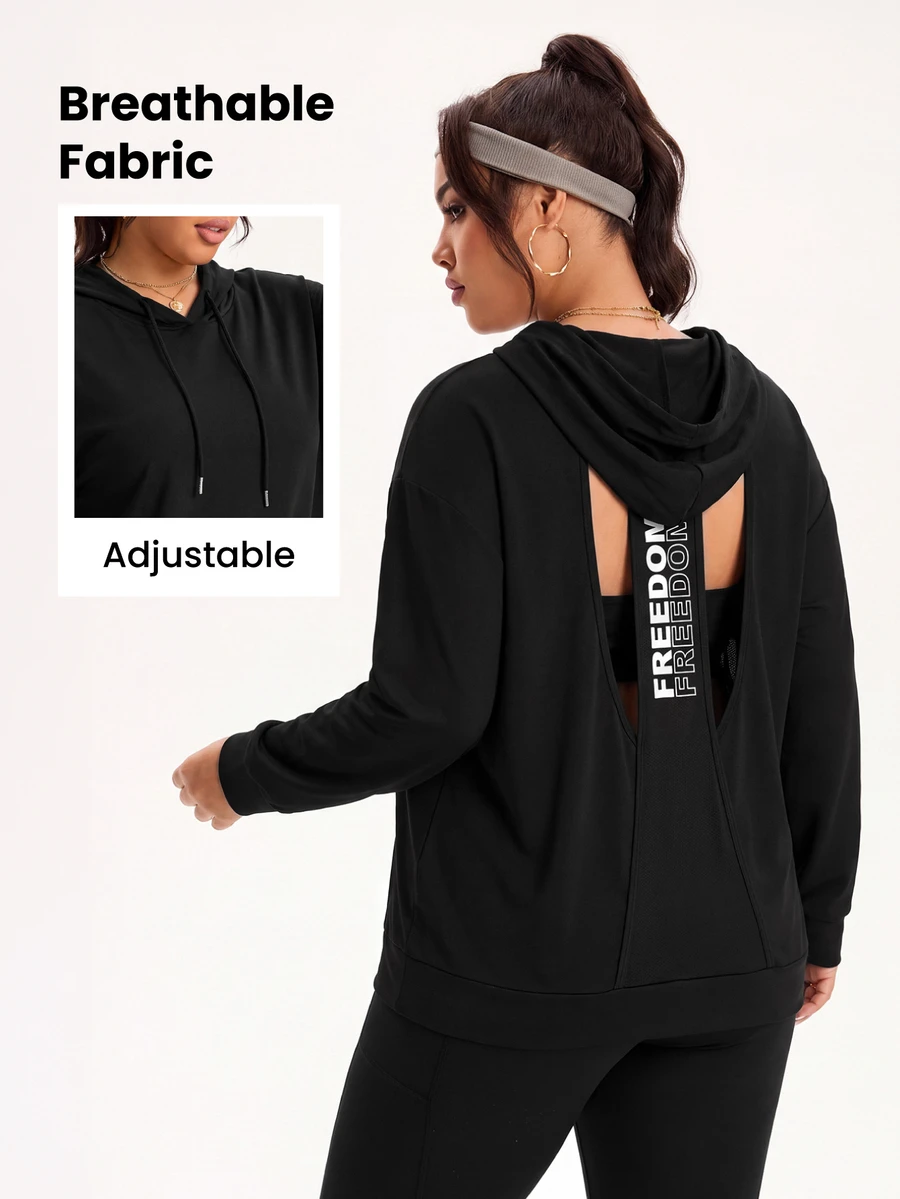 Easithlete Plus Size Women's Back Letter Print Cutout Long Sleeve Hooded Sweatshirt - Black - View 1