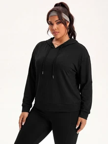 Easithlete Plus Size Women's Back Letter Print Cutout Long Sleeve Hooded Sweatshirt - Black - View 2