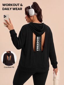 Easithlete Plus Size Women's Back Letter Print Cutout Long Sleeve Hooded Sweatshirt - Black - View 3