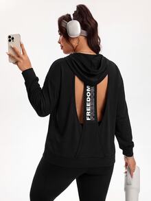 Easithlete Plus Size Women's Back Letter Print Cutout Long Sleeve Hooded Sweatshirt - Black - View 5