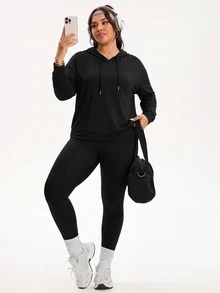 Easithlete Plus Size Women's Back Letter Print Cutout Long Sleeve Hooded Sweatshirt - Black - View 4